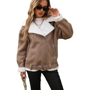 Women khaki LY VAREY LIN Faux Leather Sherpa Aviator Bomber Jacket